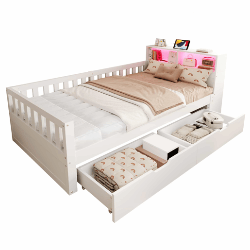 Cama individual 90x200 cm - com gavetas, prateleiras, luz LED, tomada e grade de segurança - Branco