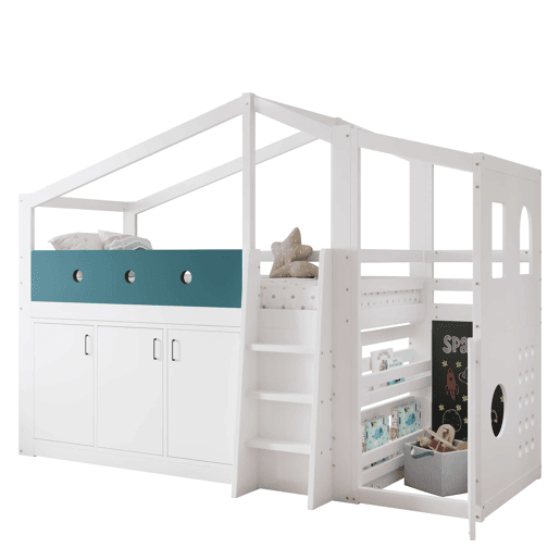 Cama infantil 90x200 cm - em forma de casinha, cama alta de madeira com zona de brincadeiras e roupeiro - Branco Cama infantil 90x200 cm - em forma de casinha, cama alta de madeira com zona de brincadeiras e roupeiro - Branco
