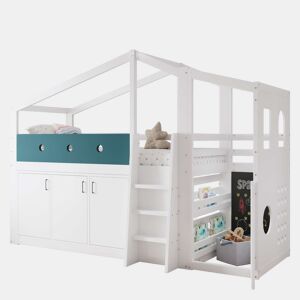 Cama infantil 90x200 cm - em forma de casinha, cama alta de madeira com zona de brincadeiras e roupeiro - Branco