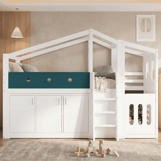 Cama infantil 90x200 cm - em forma de casinha, cama alta de madeira com zona de brincadeiras e roupeiro - Branco Cama infantil 90x200 cm - em forma de casinha, cama alta de madeira com zona de brincadeiras e roupeiro - Branco