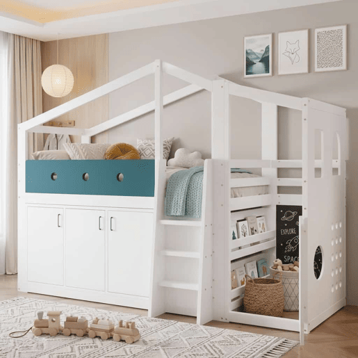 Cama infantil 90x200 cm - em forma de casinha, cama alta de madeira com zona de brincadeiras e roupeiro - Branco Cama infantil 90x200 cm - em forma de casinha, cama alta de madeira com zona de brincadeiras e roupeiro - Branco
