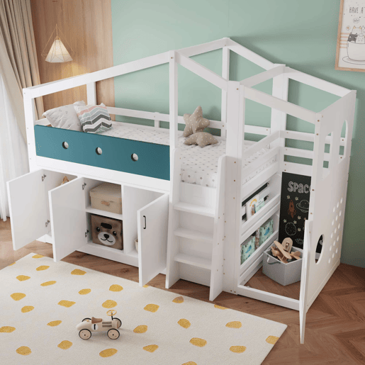 Cama infantil 90x200 cm - em forma de casinha, cama alta de madeira com zona de brincadeiras e roupeiro - Branco Cama infantil 90x200 cm - em forma de casinha, cama alta de madeira com zona de brincadeiras e roupeiro - Branco