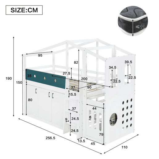 Cama infantil 90x200 cm - em forma de casinha, cama alta de madeira com zona de brincadeiras e roupeiro - Branco Cama infantil 90x200 cm - em forma de casinha, cama alta de madeira com zona de brincadeiras e roupeiro - Branco