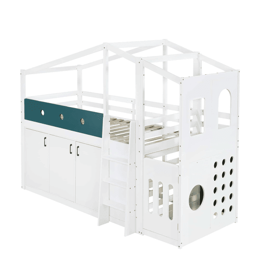 Cama infantil 90x200 cm - em forma de casinha, cama alta de madeira com zona de brincadeiras e roupeiro - Branco Cama infantil 90x200 cm - em forma de casinha, cama alta de madeira com zona de brincadeiras e roupeiro - Branco