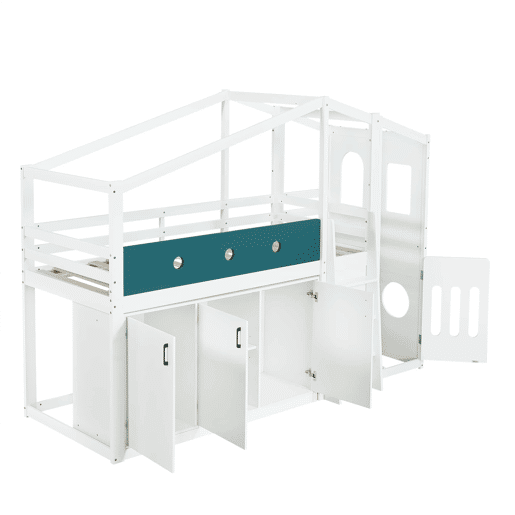 Cama infantil 90x200 cm - em forma de casinha, cama alta de madeira com zona de brincadeiras e roupeiro - Branco Cama infantil 90x200 cm - em forma de casinha, cama alta de madeira com zona de brincadeiras e roupeiro - Branco