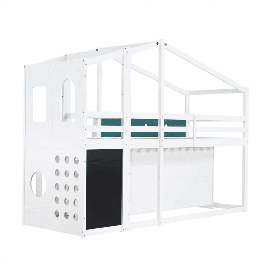Cama infantil 90x200 cm - em forma de casinha, cama alta de madeira com zona de brincadeiras e roupeiro - Branco Cama infantil 90x200 cm - em forma de casinha, cama alta de madeira com zona de brincadeiras e roupeiro - Branco