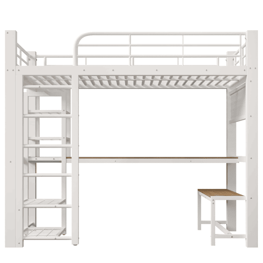 Cama alta 90x200 cm - metálica com grade, luz LED e escadas com espaço de arrumação - Branco Cama alta 90x200 cm - metálica com grade, luz LED e escadas com espaço de arrumação - Branco