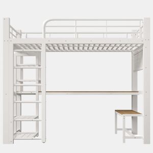 Cama alta 90x200 cm - metálica com grade, luz LED e escadas com espaço de arrumação - Branco