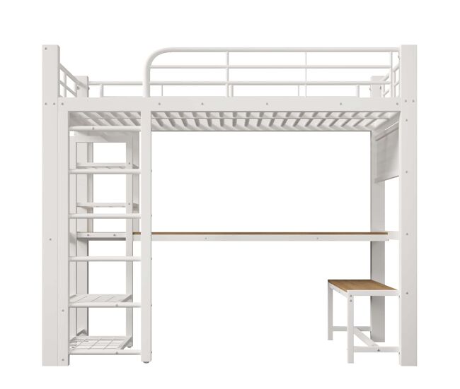 Cama alta 90x200 cm - metálica con barra de rejilla, luz led y escaleras con almacenamiento - blanco