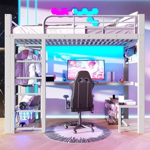 Cama alta 90x200 cm - metálica com grade, luz LED e escadas com espaço de arrumação - Branco Cama alta 90x200 cm - metálica com grade, luz LED e escadas com espaço de arrumação - Branco