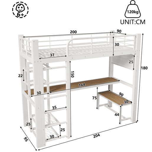 Cama alta 90x200 cm - metálica com grade, luz LED e escadas com espaço de arrumação - Branco Cama alta 90x200 cm - metálica com grade, luz LED e escadas com espaço de arrumação - Branco