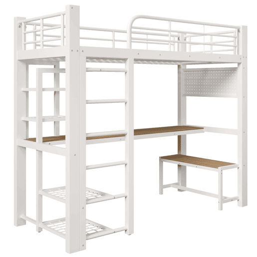 Cama alta 90x200 cm - metálica com grade, luz LED e escadas com espaço de arrumação - Branco Cama alta 90x200 cm - metálica com grade, luz LED e escadas com espaço de arrumação - Branco
