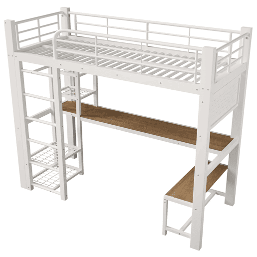Cama alta 90x200 cm - metálica com grade, luz LED e escadas com espaço de arrumação - Branco Cama alta 90x200 cm - metálica com grade, luz LED e escadas com espaço de arrumação - Branco