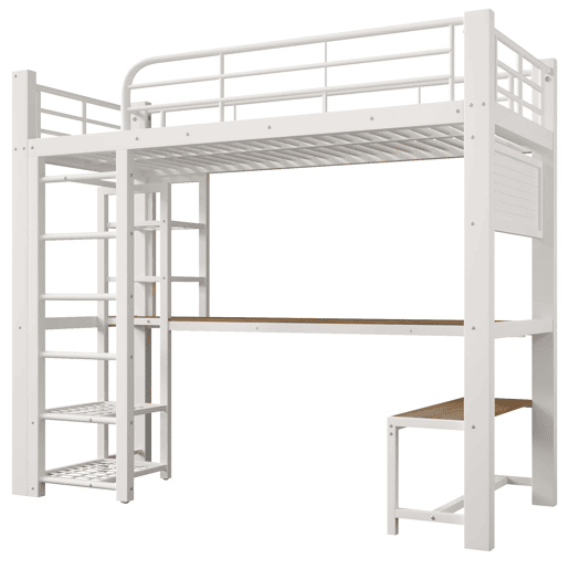Cama alta 90x200 cm - metálica com grade, luz LED e escadas com espaço de arrumação - Branco Cama alta 90x200 cm - metálica com grade, luz LED e escadas com espaço de arrumação - Branco