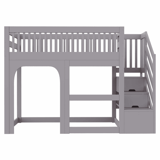 Cama alta infantil 90x200 cm - modelo com porta e janela, escada com espaço de arrumação, LED e grade de segurança - Cinzento Cama alta infantil 90x200 cm - modelo com porta e janela, escada com espaço de arrumação, LED e grade de segurança - Cinzento