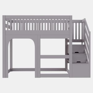 Cama alta infantil 90x200 cm - modelo com porta e janela, escada com espaço de arrumação, LED e grade de segurança - Cinzento