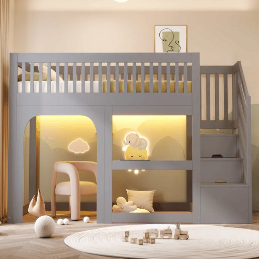 Cama alta infantil 90x200 cm - modelo com porta e janela, escada com espaço de arrumação, LED e grade de segurança - Cinzento Cama alta infantil 90x200 cm - modelo com porta e janela, escada com espaço de arrumação, LED e grade de segurança - Cinzento