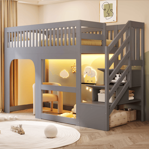 Cama alta infantil 90x200 cm - modelo com porta e janela, escada com espaço de arrumação, LED e grade de segurança - Cinzento Cama alta infantil 90x200 cm - modelo com porta e janela, escada com espaço de arrumação, LED e grade de segurança - Cinzento
