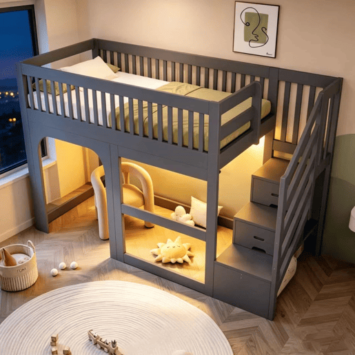 Cama alta infantil 90x200 cm - modelo com porta e janela, escada com espaço de arrumação, LED e grade de segurança - Cinzento Cama alta infantil 90x200 cm - modelo com porta e janela, escada com espaço de arrumação, LED e grade de segurança - Cinzento