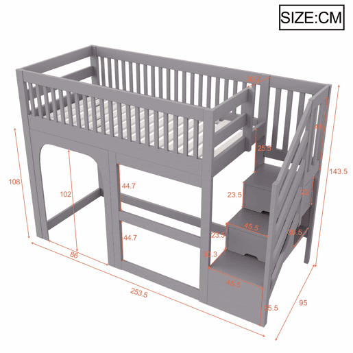 Cama alta infantil 90x200 cm - modelo com porta e janela, escada com espaço de arrumação, LED e grade de segurança - Cinzento Cama alta infantil 90x200 cm - modelo com porta e janela, escada com espaço de arrumação, LED e grade de segurança - Cinzento