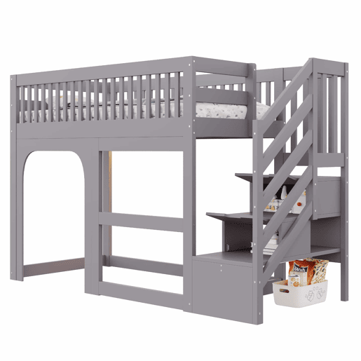 Cama alta infantil 90x200 cm - modelo com porta e janela, escada com espaço de arrumação, LED e grade de segurança - Cinzento Cama alta infantil 90x200 cm - modelo com porta e janela, escada com espaço de arrumação, LED e grade de segurança - Cinzento