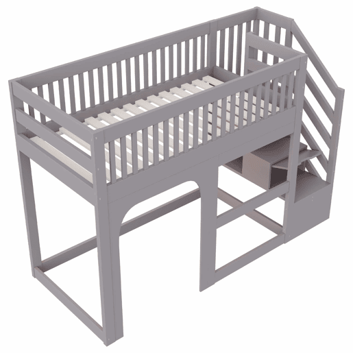 Cama alta infantil 90x200 cm - modelo com porta e janela, escada com espaço de arrumação, LED e grade de segurança - Cinzento Cama alta infantil 90x200 cm - modelo com porta e janela, escada com espaço de arrumação, LED e grade de segurança - Cinzento