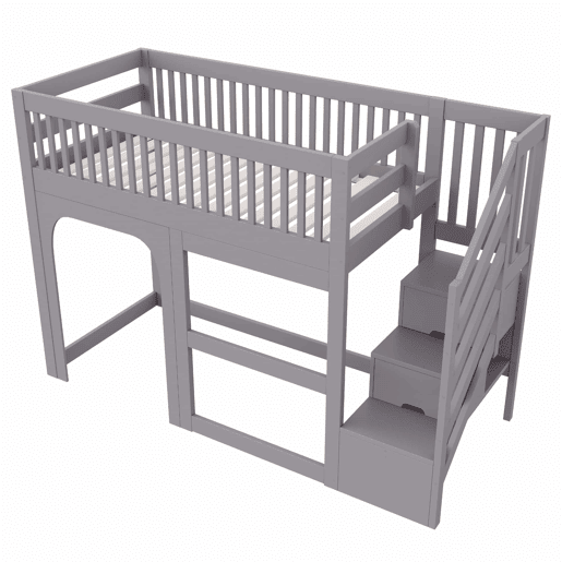 Cama alta infantil 90x200 cm - modelo com porta e janela, escada com espaço de arrumação, LED e grade de segurança - Cinzento Cama alta infantil 90x200 cm - modelo com porta e janela, escada com espaço de arrumação, LED e grade de segurança - Cinzento