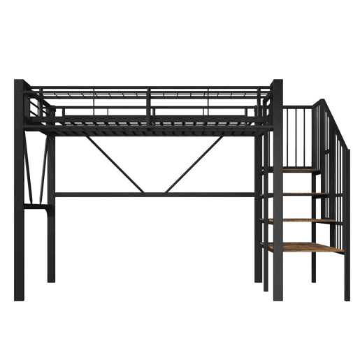 Cama alta 90x200 cm - cama metálica com prateleiras em degraus, cestos de arrumação, espaço aberto debaixo da cama e luz LED - Preto