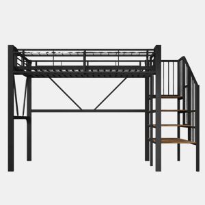 Cama alta 90x200 cm - cama metálica com prateleiras em degraus, cestos de arrumação, espaço aberto debaixo da cama e luz LED - Preto
