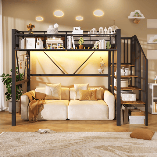Cama alta 90x200 cm - cama metálica com prateleiras em degraus, cestos de arrumação, espaço aberto debaixo da cama e luz LED - Preto