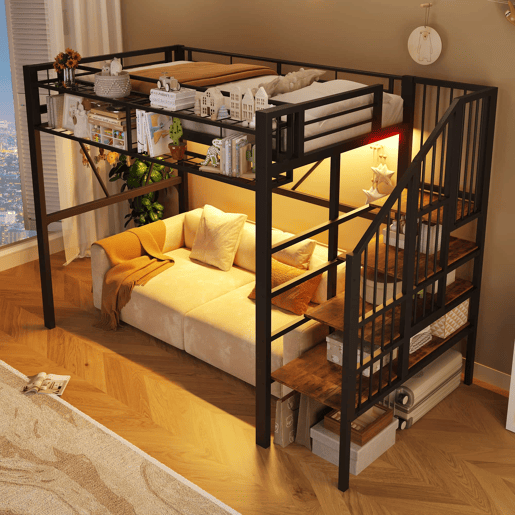 Cama alta 90x200 cm - cama metálica com prateleiras em degraus, cestos de arrumação, espaço aberto debaixo da cama e luz LED - Preto