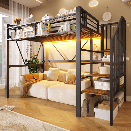 Cama alta 90x200 cm - cama metálica com prateleiras em degraus, cestos de arrumação, espaço aberto debaixo da cama e luz LED - Preto