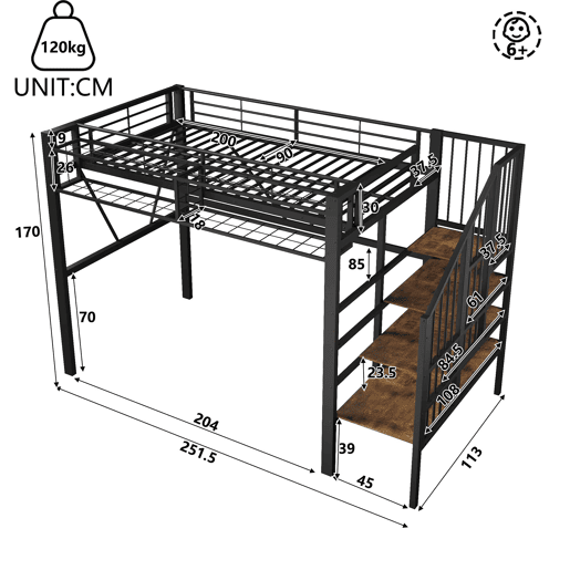 Cama alta 90x200 cm - cama metálica com prateleiras em degraus, cestos de arrumação, espaço aberto debaixo da cama e luz LED - Preto