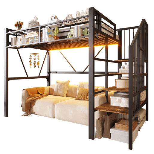 Cama alta 90x200 cm - cama metálica com prateleiras em degraus, cestos de arrumação, espaço aberto debaixo da cama e luz LED - Preto