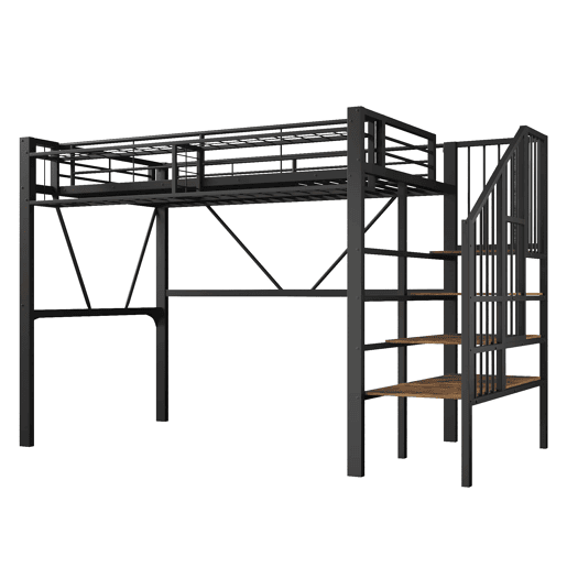 Cama alta 90x200 cm - cama metálica com prateleiras em degraus, cestos de arrumação, espaço aberto debaixo da cama e luz LED - Preto