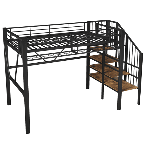 Cama alta 90x200 cm - cama metálica com prateleiras em degraus, cestos de arrumação, espaço aberto debaixo da cama e luz LED - Preto