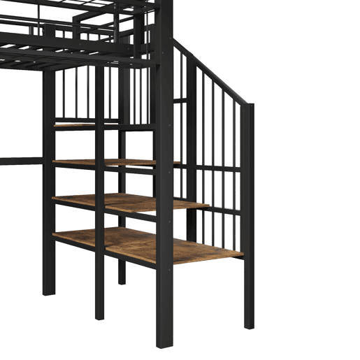 Cama alta 90x200 cm - cama metálica com prateleiras em degraus, cestos de arrumação, espaço aberto debaixo da cama e luz LED - Preto