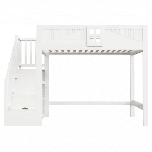 Cama alta em madeira maciça 140x200 cm - Barreira de segurança com janela, escada com espaço de arrumação reversível, cama multifunções - Branco