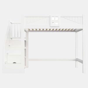 Cama alta em madeira maciça 140x200 cm - Barreira de segurança com janela, escada com espaço de arrumação reversível, cama multifunções - Branco