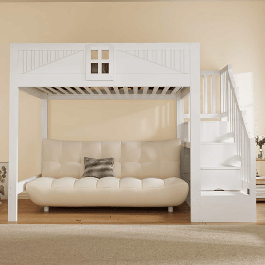 Cama alta em madeira maciça 140x200 cm - Barreira de segurança com janela, escada com espaço de arrumação reversível, cama multifunções - Branco