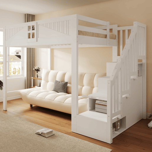 Cama alta em madeira maciça 140x200 cm - Barreira de segurança com janela, escada com espaço de arrumação reversível, cama multifunções - Branco