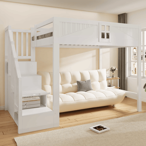 Cama alta em madeira maciça 140x200 cm - Barreira de segurança com janela, escada com espaço de arrumação reversível, cama multifunções - Branco