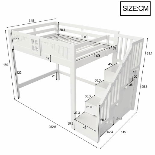 Cama alta em madeira maciça 140x200 cm - Barreira de segurança com janela, escada com espaço de arrumação reversível, cama multifunções - Branco