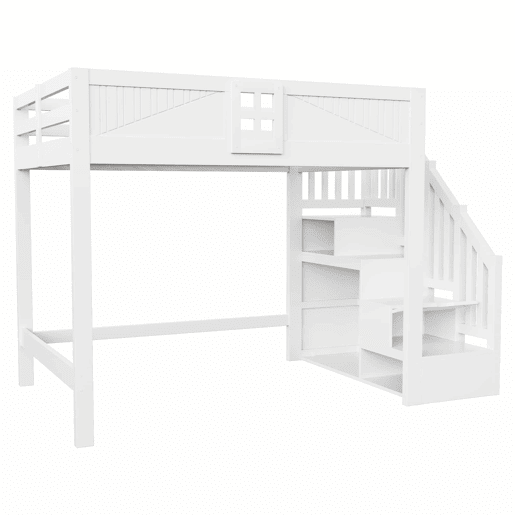 Cama alta em madeira maciça 140x200 cm - Barreira de segurança com janela, escada com espaço de arrumação reversível, cama multifunções - Branco