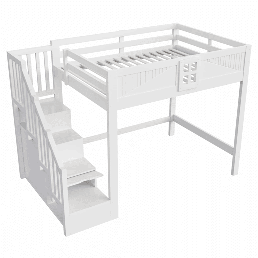 Cama alta em madeira maciça 140x200 cm - Barreira de segurança com janela, escada com espaço de arrumação reversível, cama multifunções - Branco