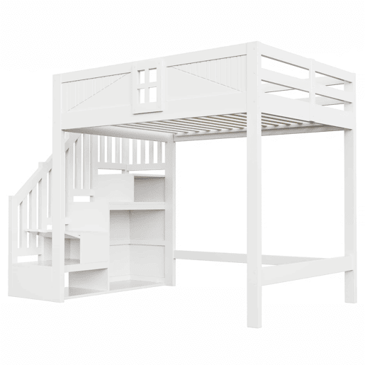 Cama alta em madeira maciça 140x200 cm - Barreira de segurança com janela, escada com espaço de arrumação reversível, cama multifunções - Branco