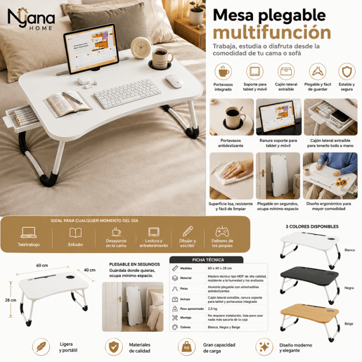 Mesa Dobrável Multifuncional 60x40x28cm Nyana Home Gaveta Removível Porta-Copos