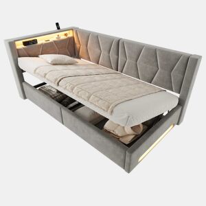 Cama estofada 90x200 cm - com arrumação, LED, USB e porta de carregamento Type-C, baú hidráulico, base incluída - Cinzento