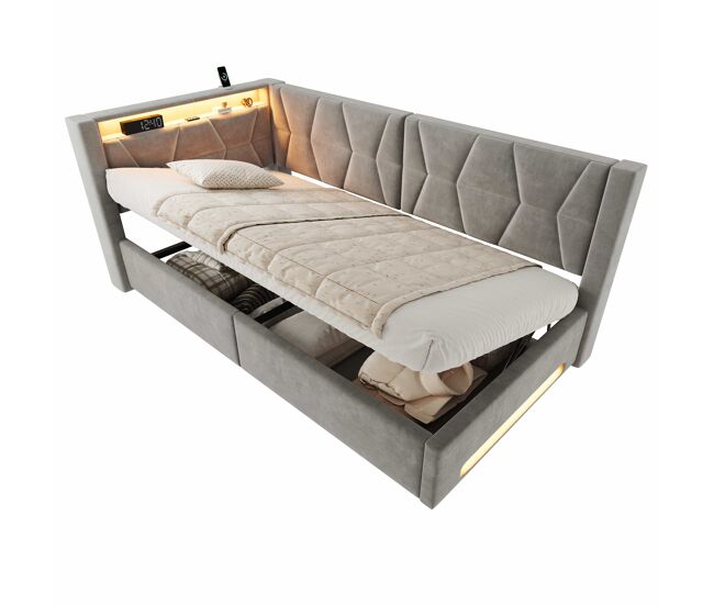 Cama tapizada 90x200 cm - con almacenaje, led, usb y carga type-c, arcón hidráulico, somier incluido - gris