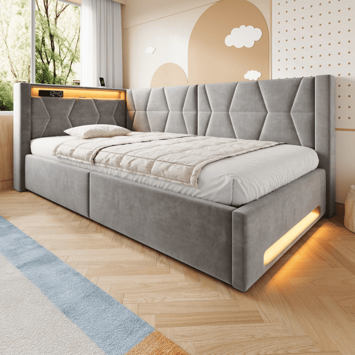 Cama estofada 90x200 cm - com arrumação, LED, USB e porta de carregamento Type-C, baú hidráulico, base incluída - Cinzento Cama estofada 90x200 cm - com arrumação, LED, USB e porta de carregamento Type-C, baú hidráulico, base incluída - Cinzento